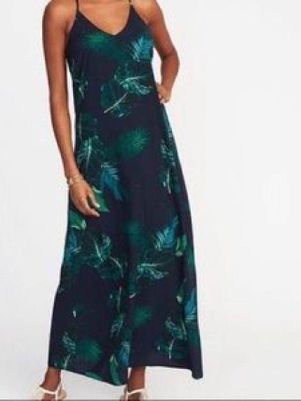 Old Navy Blue Green Leaf Pattern V-Neck Spaghetti Strap Maxi Dress Sz SMALL